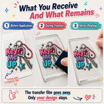 Transfer sticker before application, during burnishing, and after the carrier film is removed