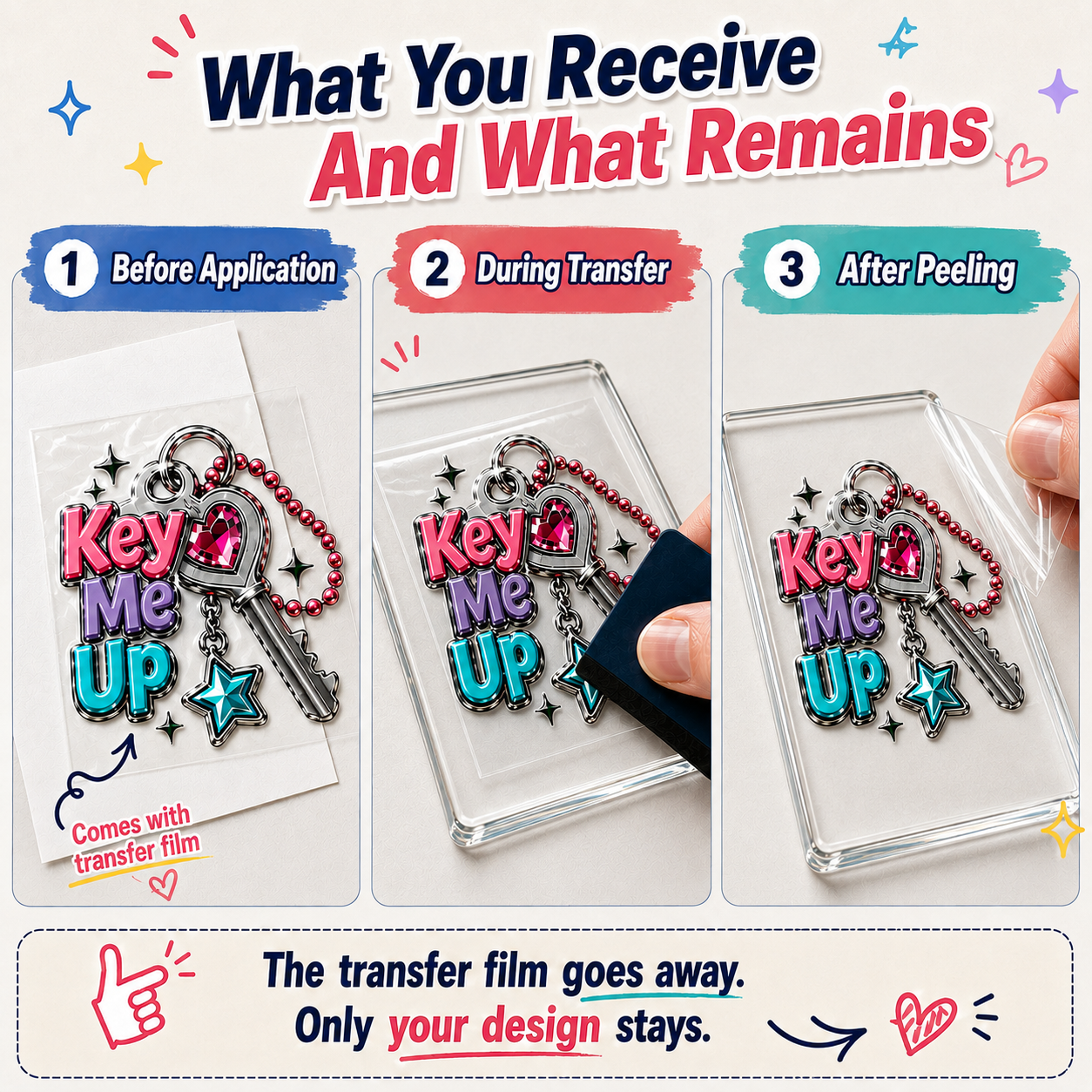Transfer sticker before application, during burnishing, and after the carrier film is removed