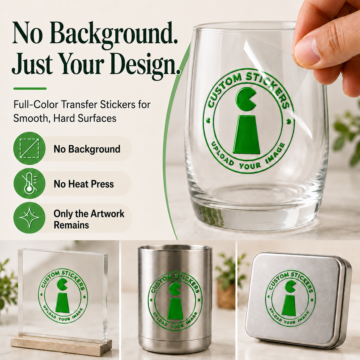 Custom transfer sticker applied to a glass tumbler with the clear carrier film being removed