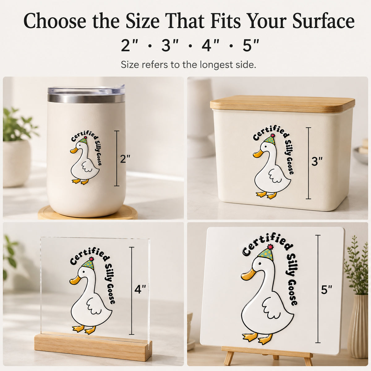 Two, three, four, and five inch custom transfer sticker size examples