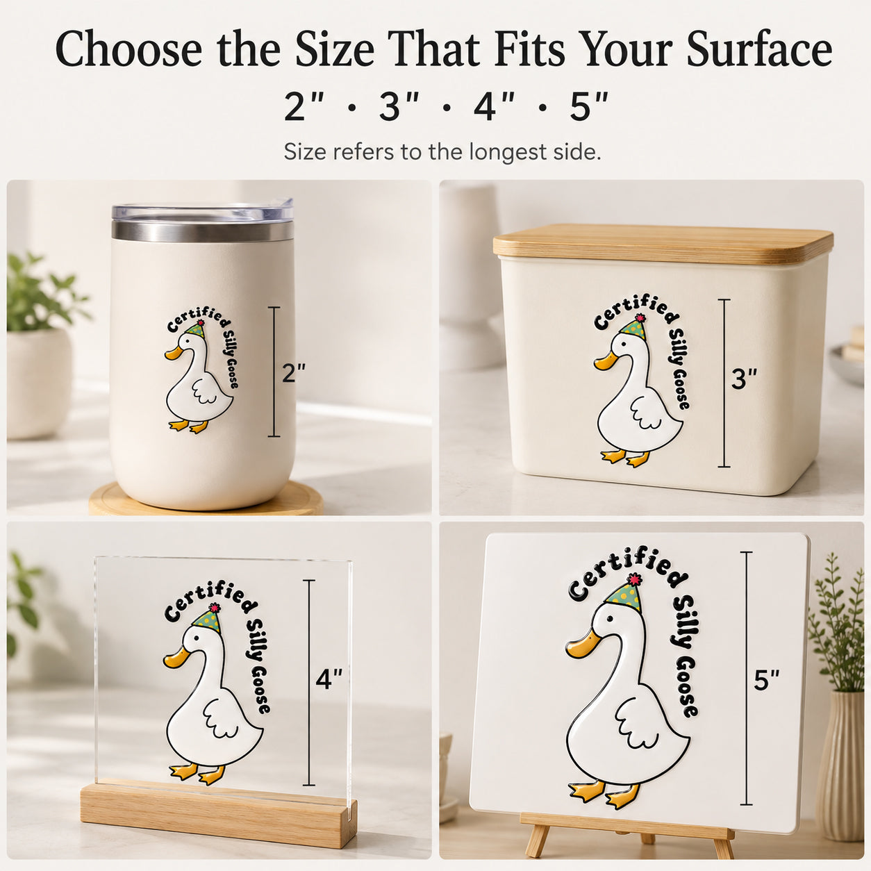 Two, three, four, and five inch custom transfer sticker size examples
