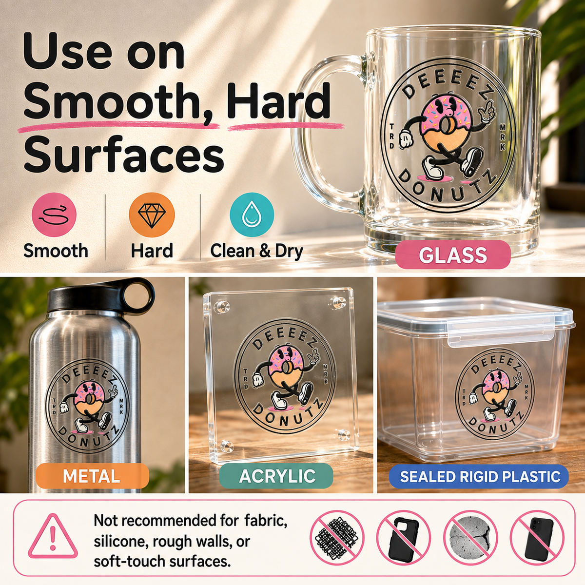Transfer sticker applications on glass, metal, acrylic, and sealed rigid plastic