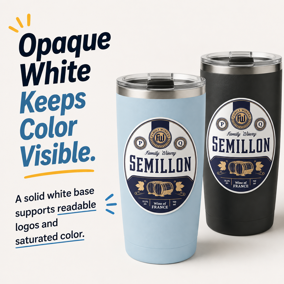 Opaque white vinyl stickers with vivid color