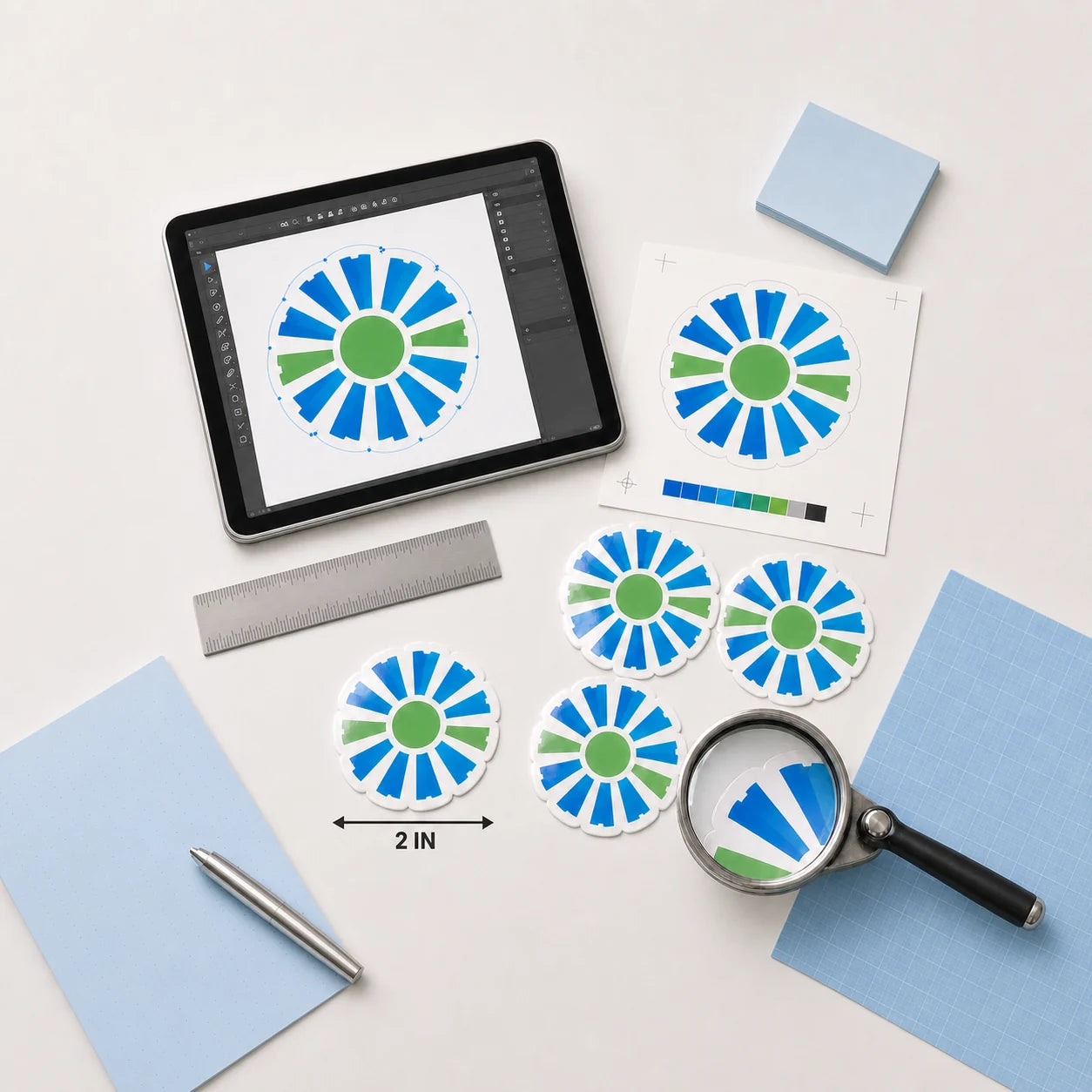 Complete prepress workspace showing vector artwork, a printed proof, finished gloss stickers, a 2-inch size guide, ruler, pen, and magnified print detail