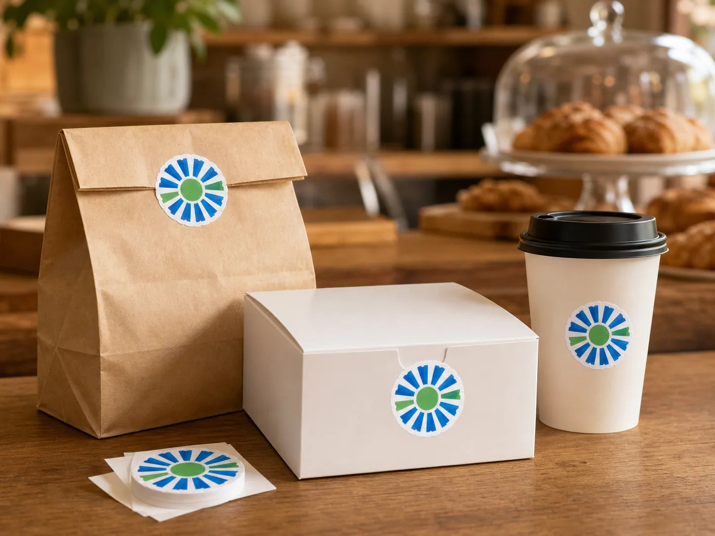 Matching custom gloss stickers applied to a bakery bag, pastry box, and takeaway cup