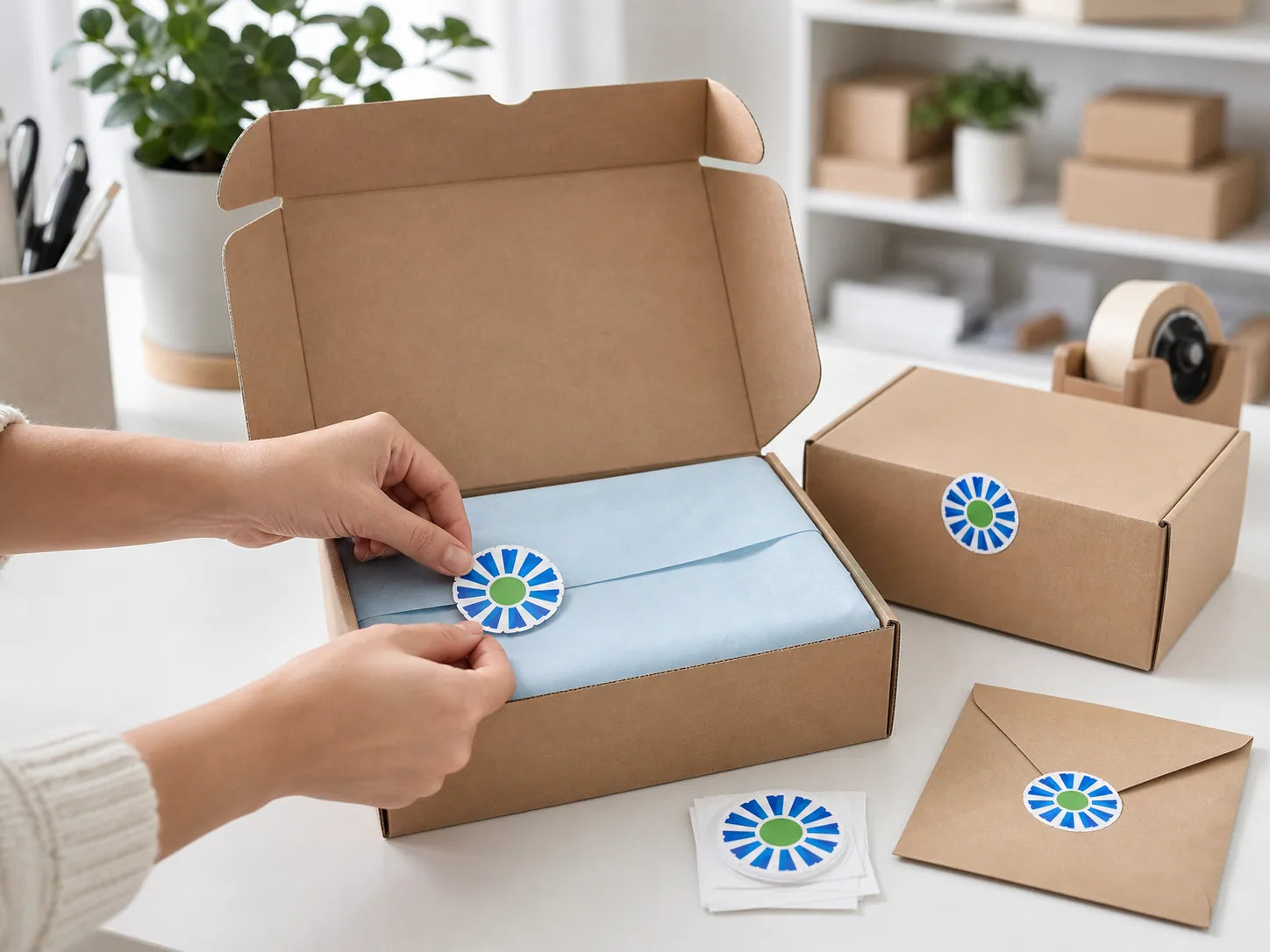 Matching custom gloss stickers used on an ecommerce mailer, tissue paper, box, and envelope