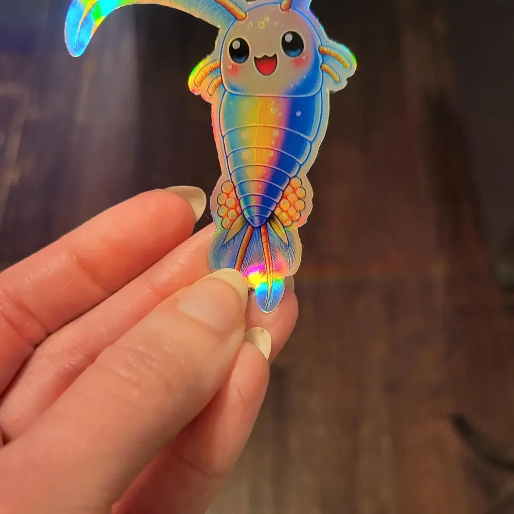 Customer photo of a holographic shrimp sticker held in hand
