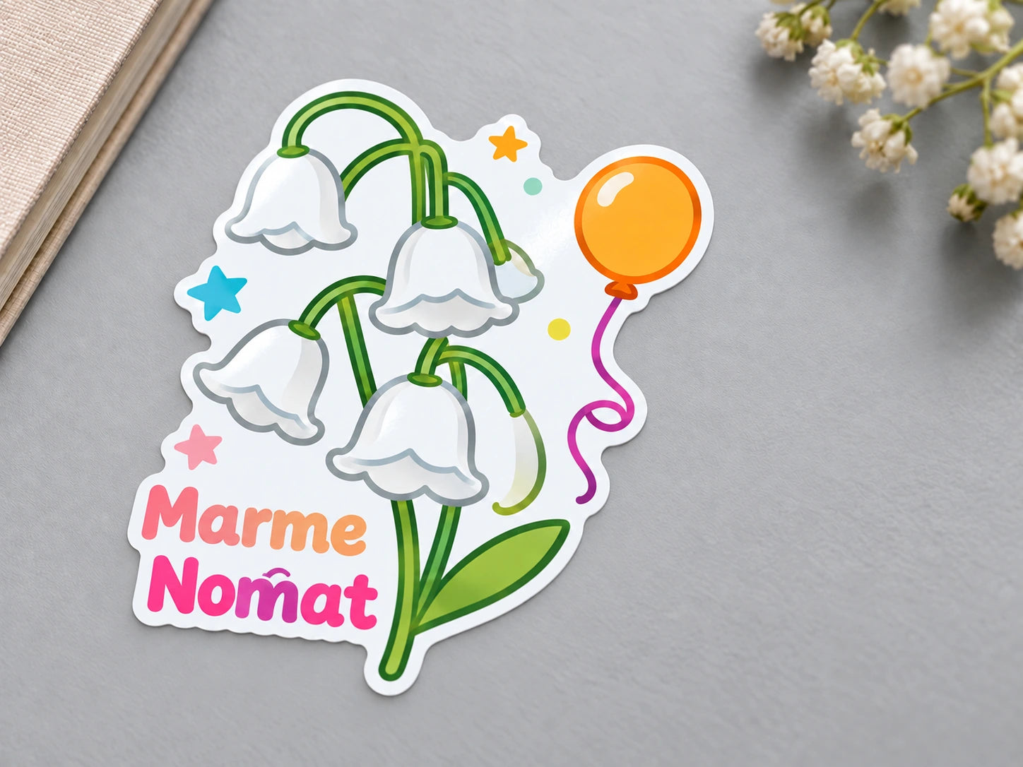 Thin custom-contour gloss vinyl sticker with lily-of-the-valley and balloon artwork
