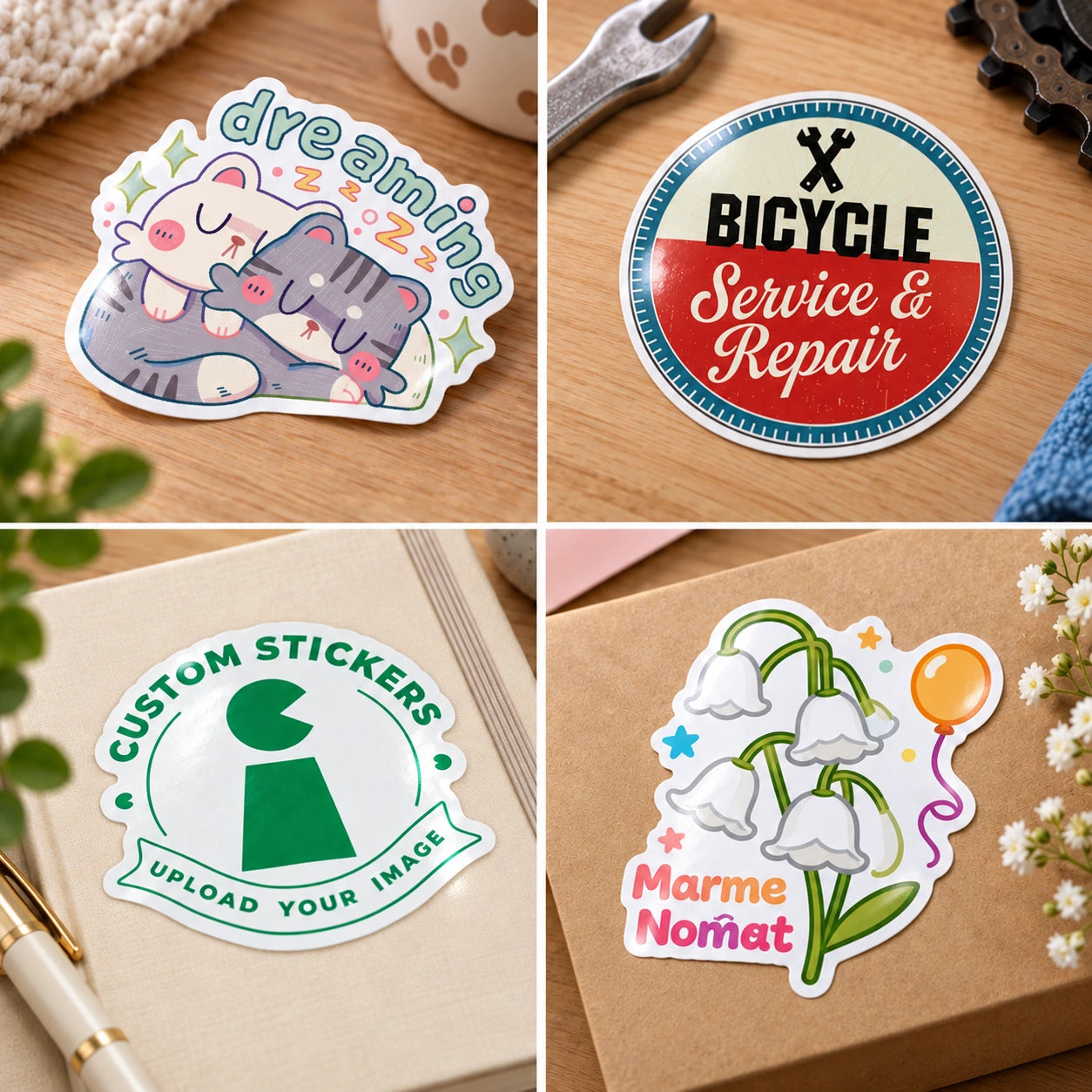 Representative gloss vinyl sticker artwork examples featuring cats, a bicycle design, a logo, and flowers