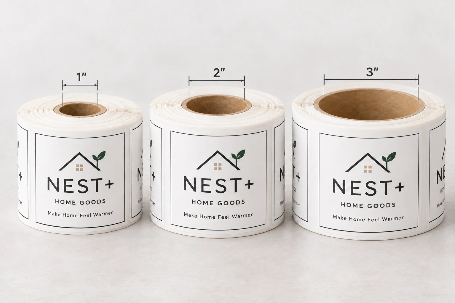 Illustrative label rolls with one-inch, two-inch, and three-inch inner core diameter options