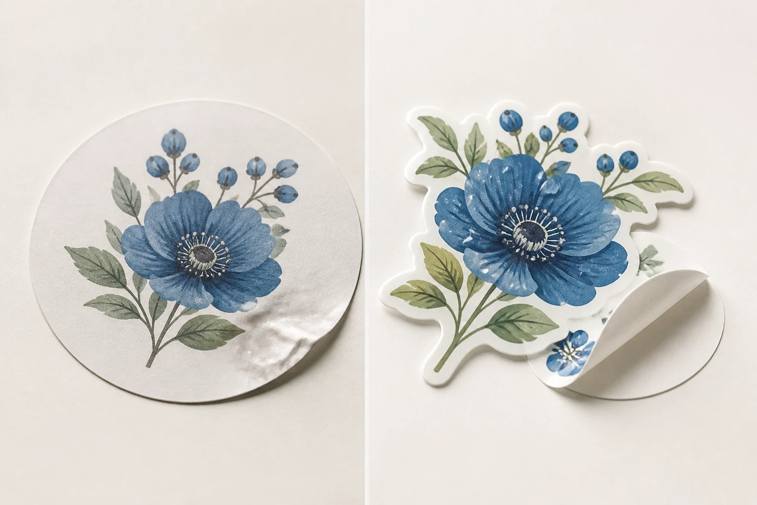 Side-by-side comparison of an ordinary matte paper sticker and a custom-cut gloss vinyl sticker