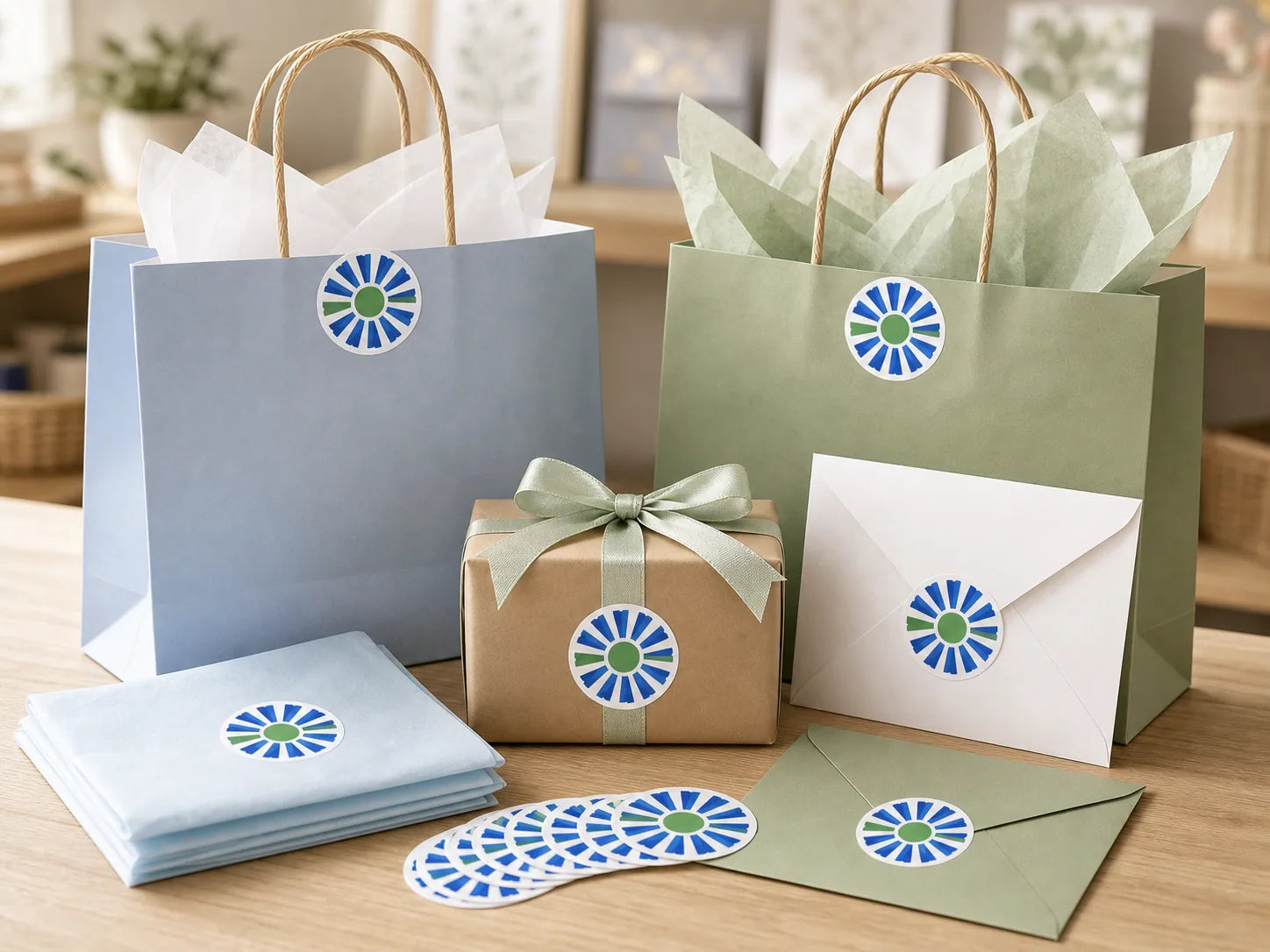 Individual gloss stickers used on gift bags, tissue paper, a wrapped box, and envelopes