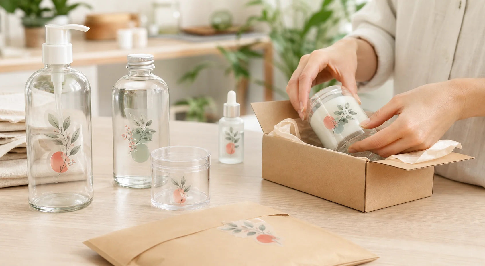 Concept showing clear stickers used on glass containers and small-business packaging