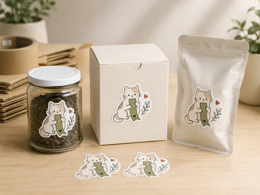 Matching custom stickers applied to a tea jar, box and pouch