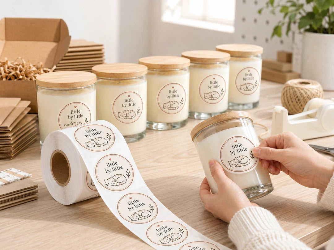 Repeated roll labels being applied to a batch of candle jars