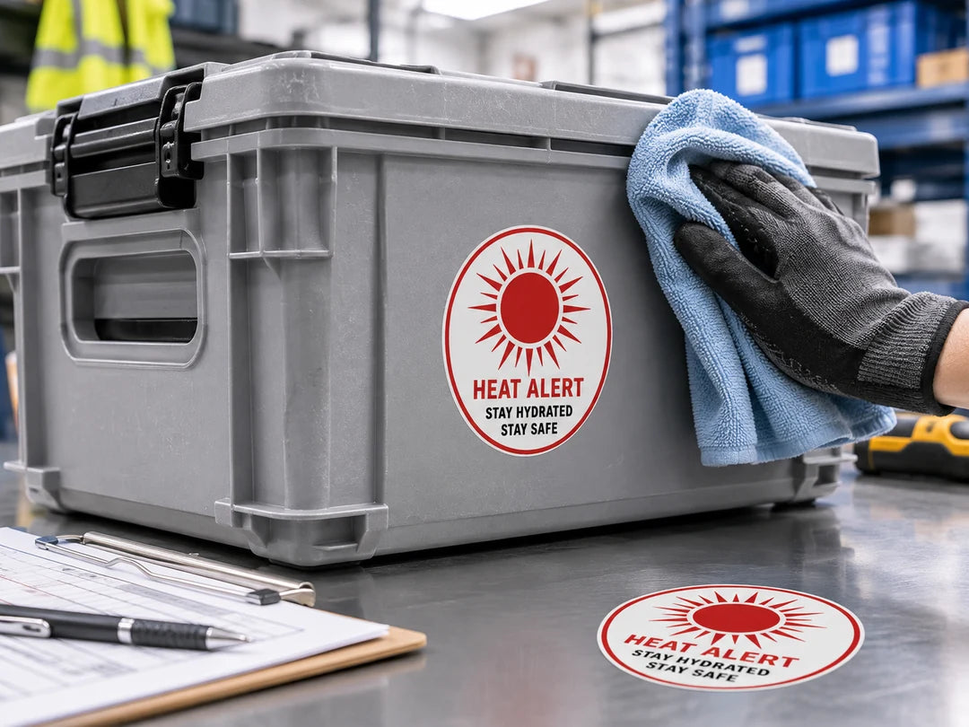 High-temperature safety sticker applied to a commercial equipment case