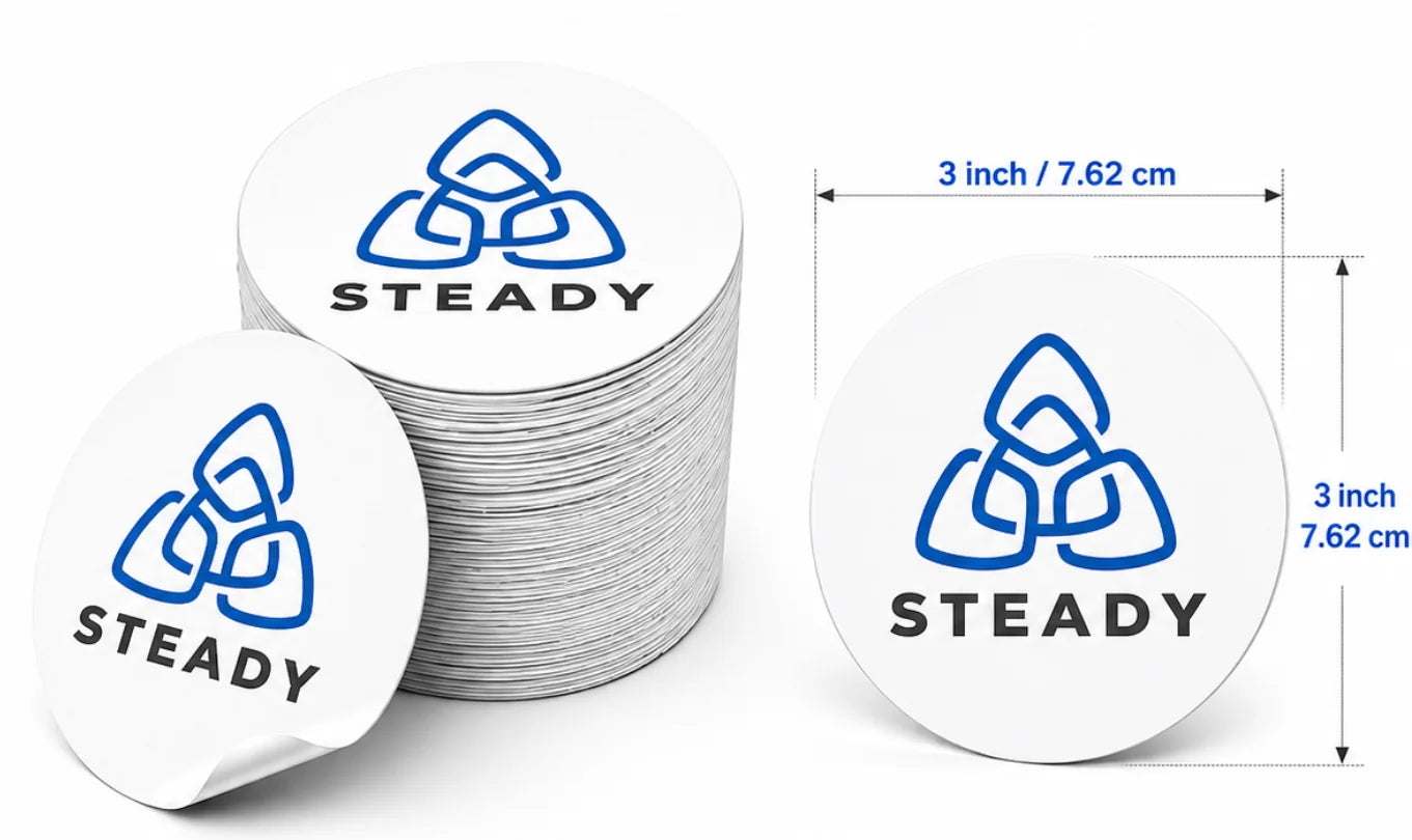 Stack of 100 custom round stickers with peeled-corner detail and 3-inch by 7.62-centimeter size guide