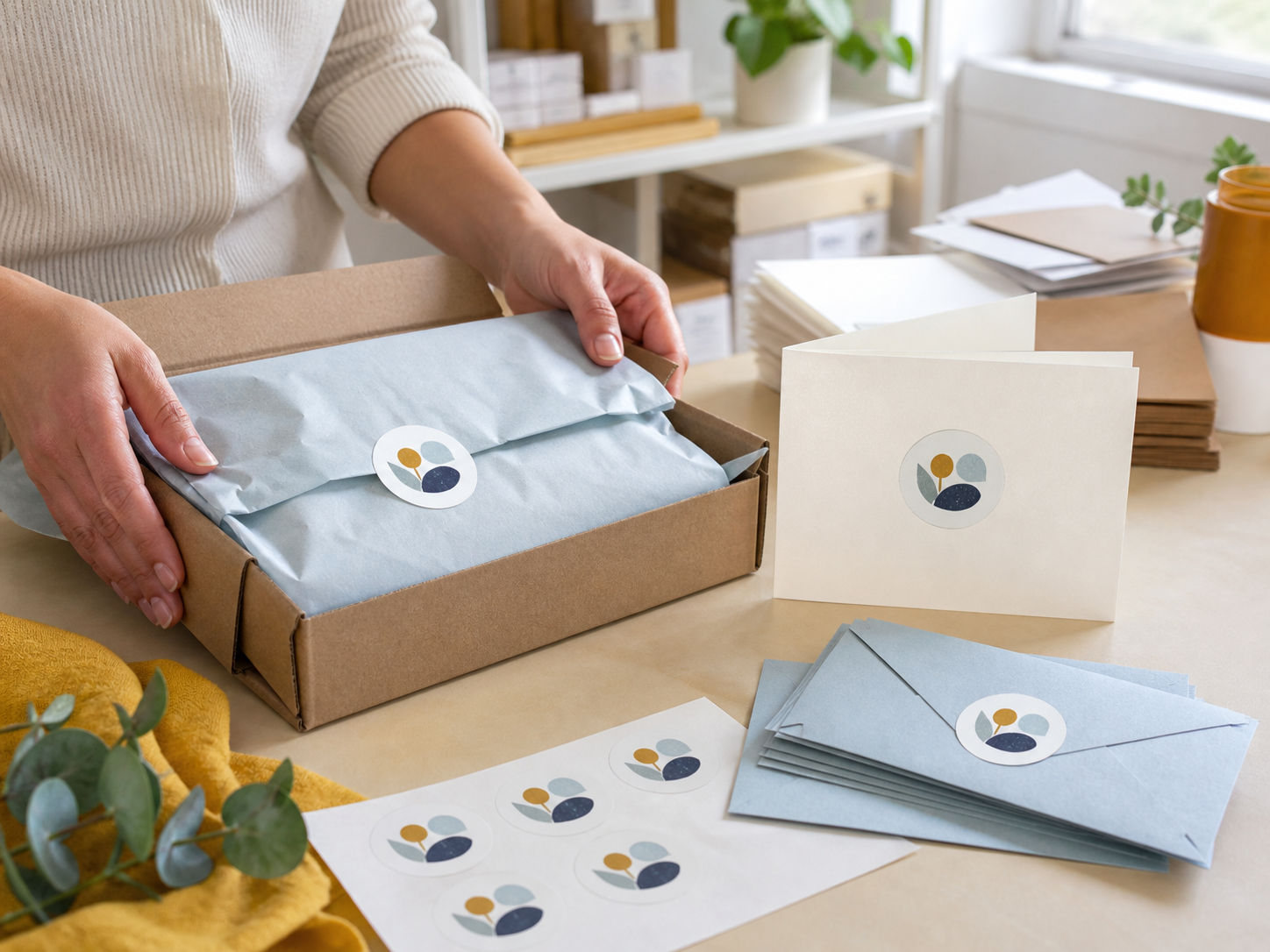Concept showing matching two-inch gloss stickers used across small-brand packaging, inserts, and envelopes