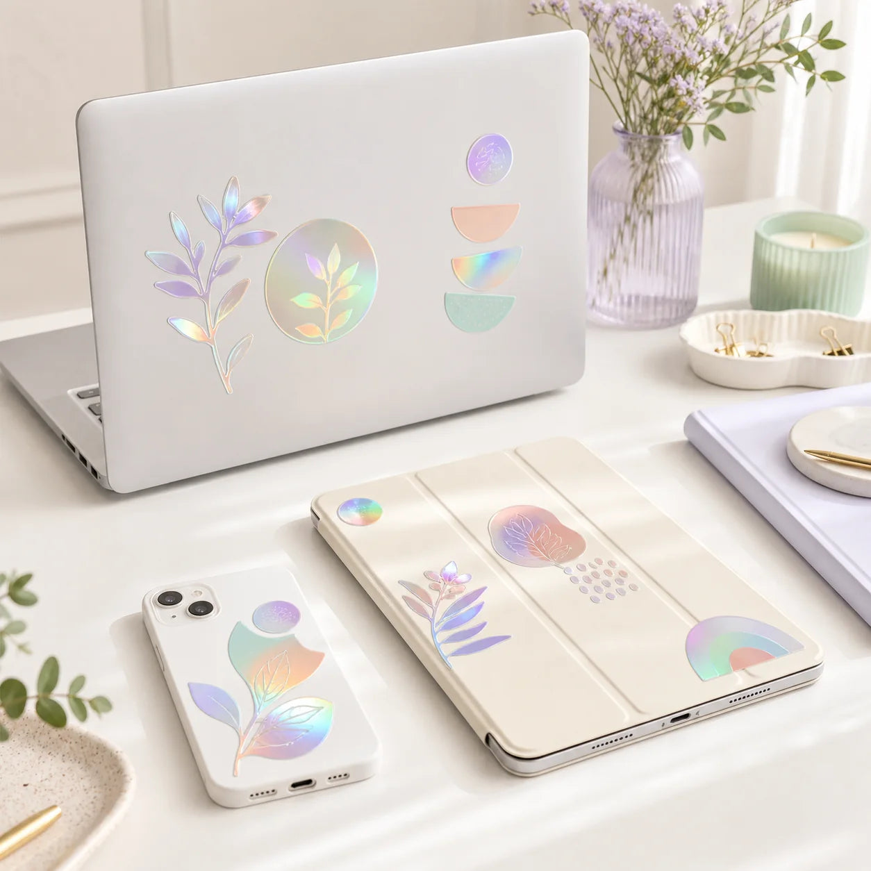 Complete holographic stickers on a laptop and device case