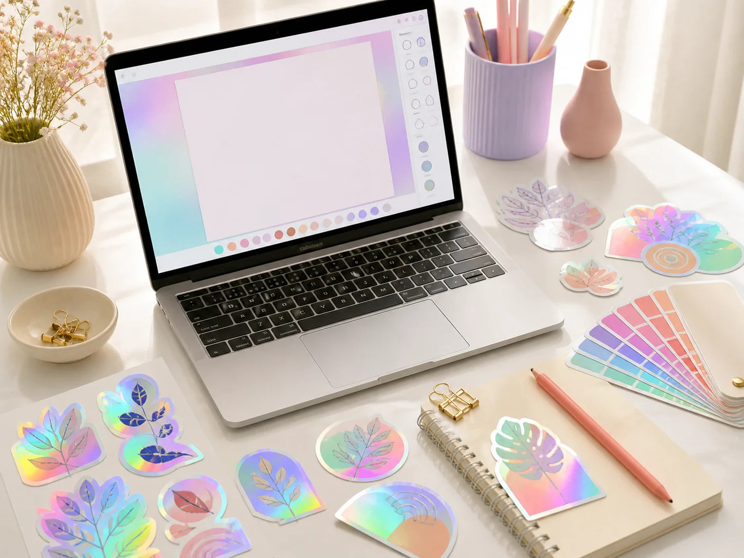 Holographic sticker artwork, cut line, material swatches, and finished proof sample