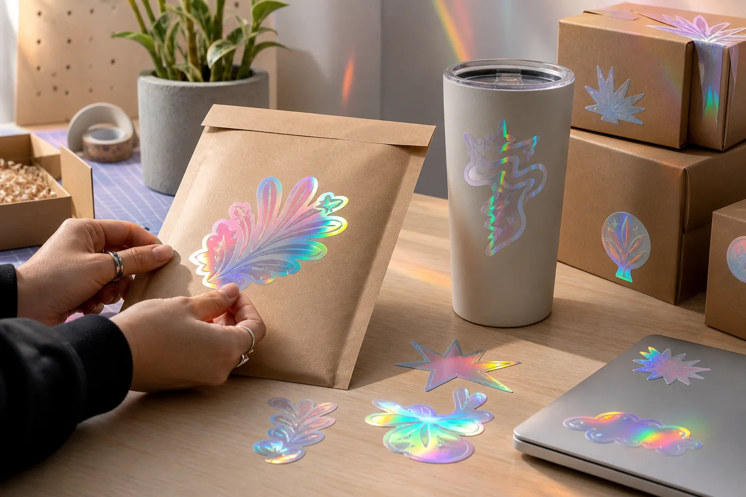 Concept showing holographic stickers used in a creator packaging workflow