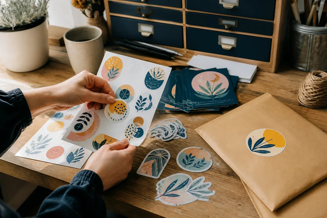 An artist preparing sticker sheets, die-cut stickers and backing cards for customer orders
