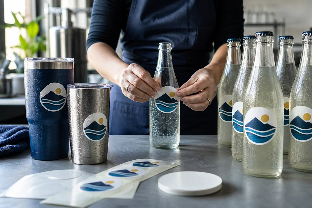 Custom beverage labels on chilled bottles and drinkware with visible condensation