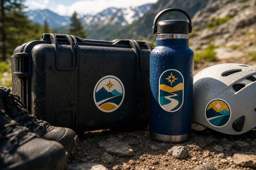 Durable custom stickers applied across an outdoor equipment case, bottle and helmet