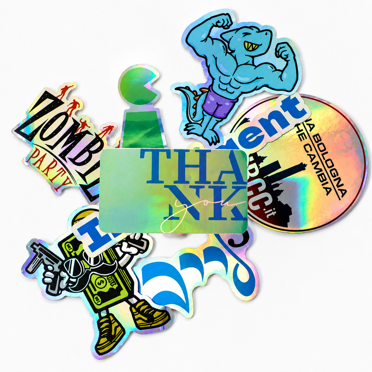 An assortment of custom holographic stickers with color-shifting shine