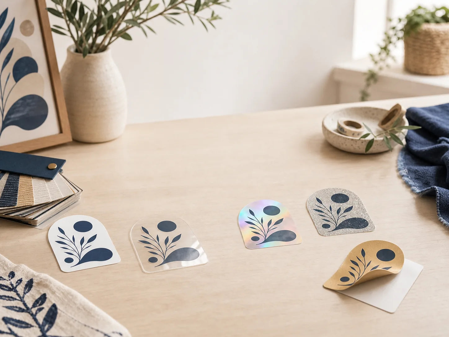 The same sticker design shown across vinyl, clear, holographic, glitter, gold metallic and silver metallic finishes