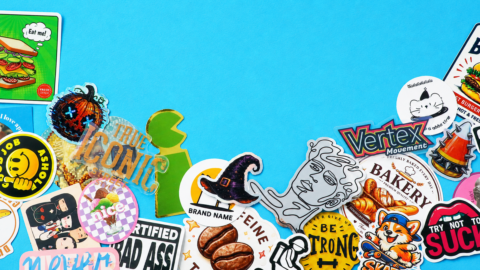 Custom logo stickers in varied shapes and finishes shown with small-business packaging