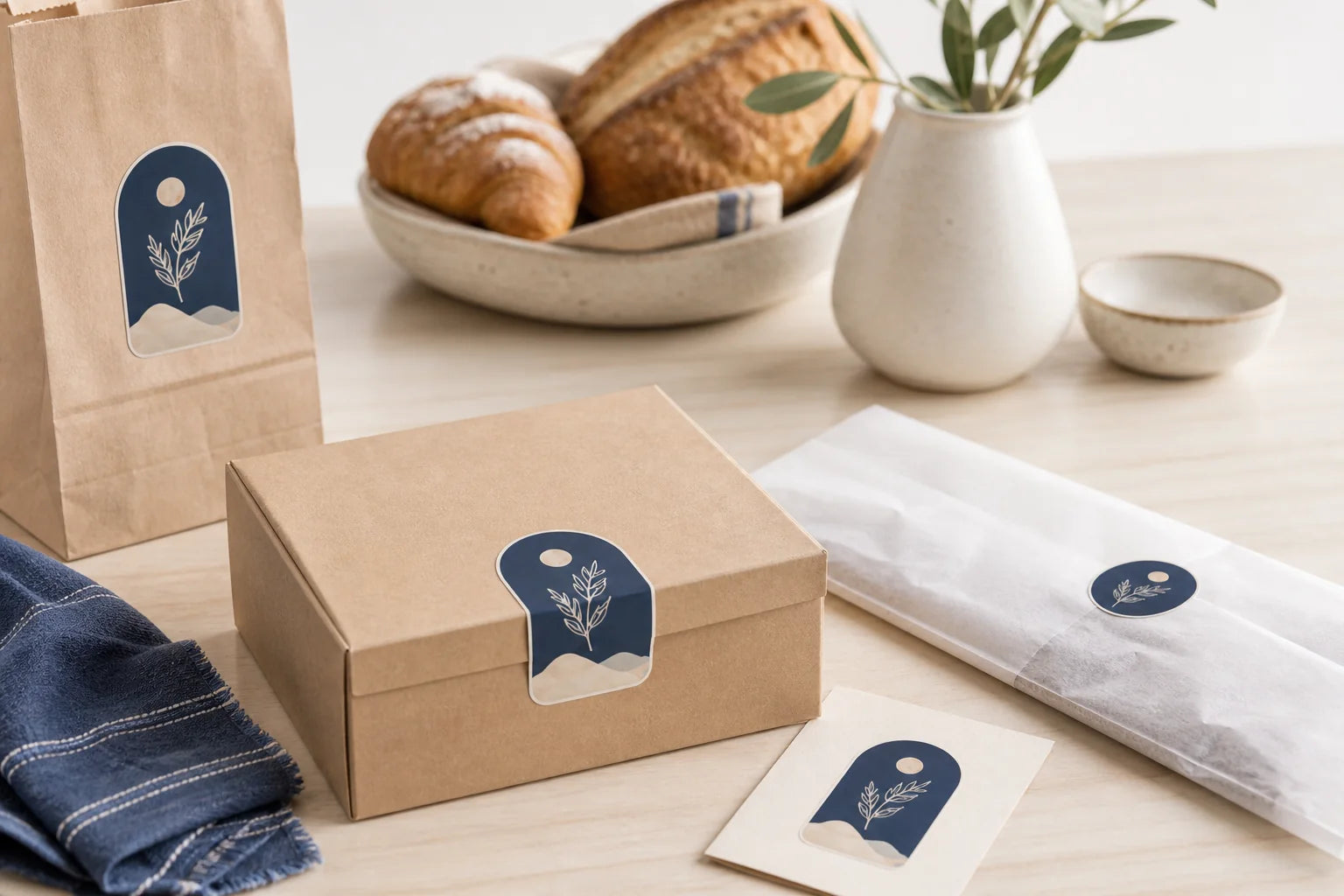 Custom stickers applied across small business packaging