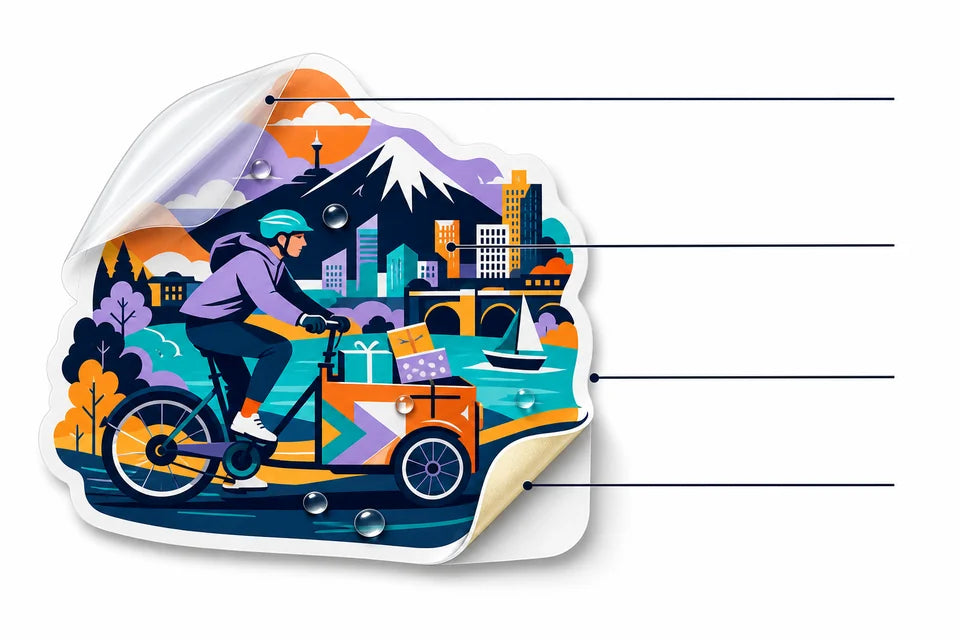 Custom sticker construction with protective laminate, printed face material, water beads and peeled adhesive backing