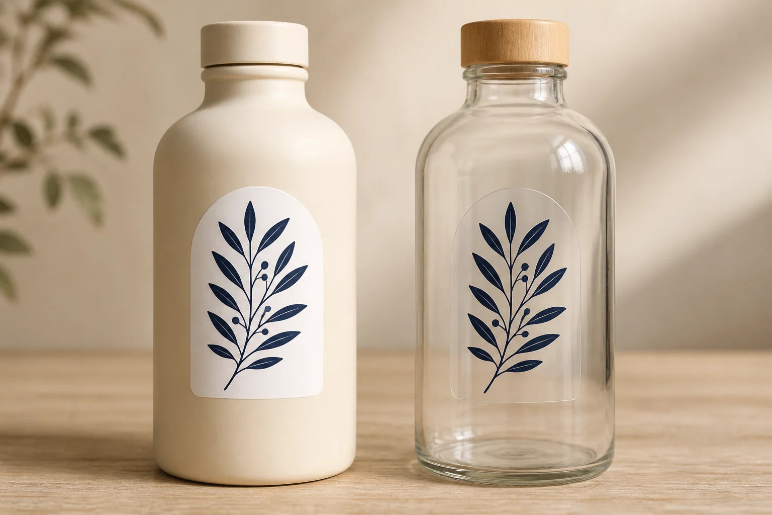 Matching botanical stickers comparing an opaque vinyl base with a transparent clear base