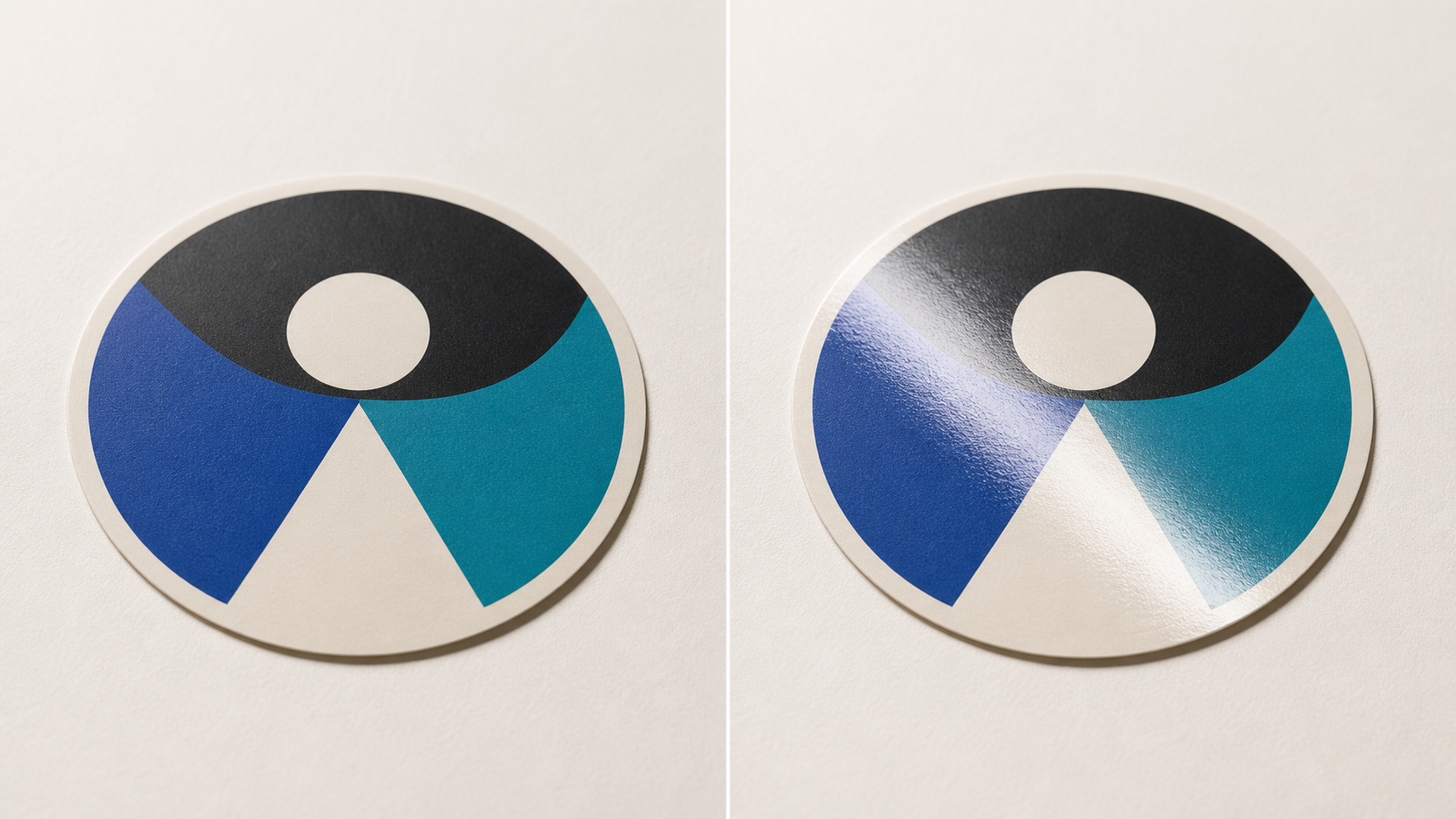 The same circular sticker design under the same light, shown with matte finish on the left and glossy finish on the right