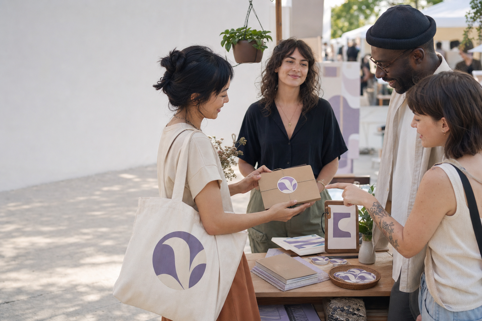A group noticing custom sticker packaging at a makers market