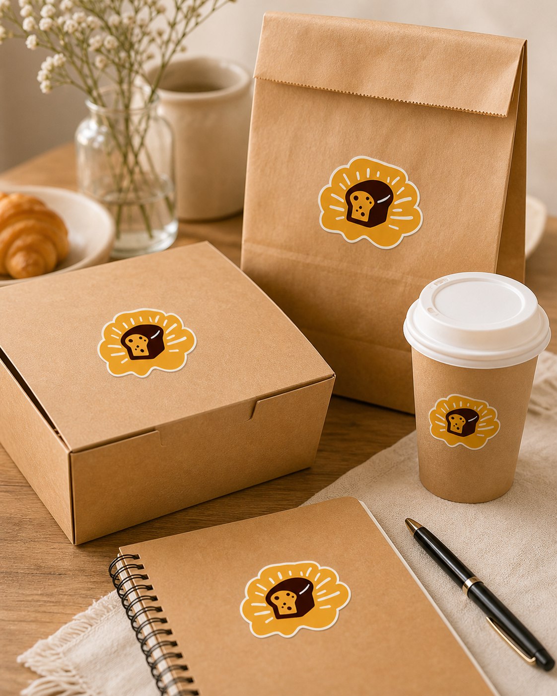 The same custom sticker creating a consistent signature across packaging and everyday items