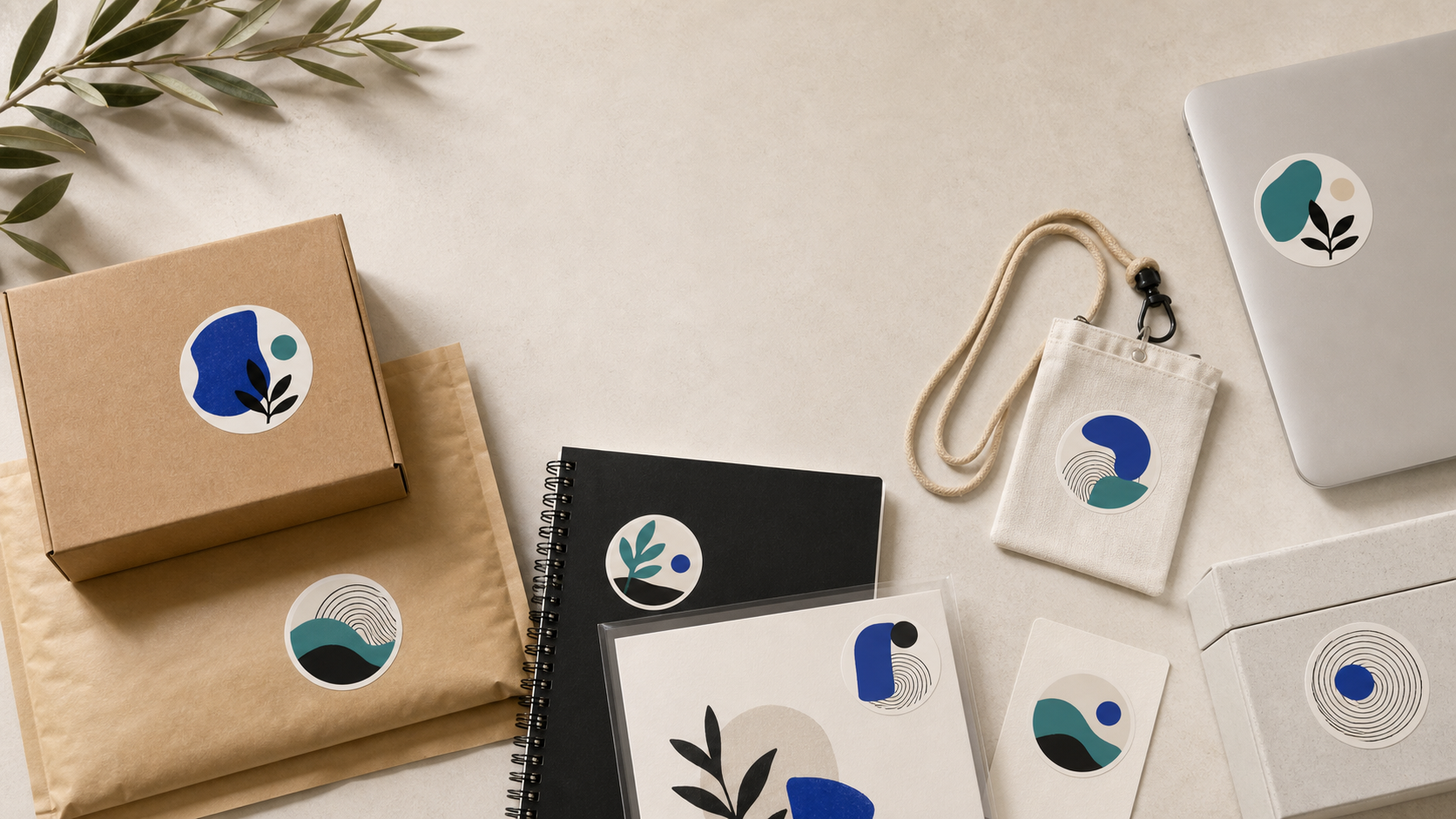 Custom vinyl stickers used across small-business packaging, creator materials, an event badge, a laptop, and personal organization
