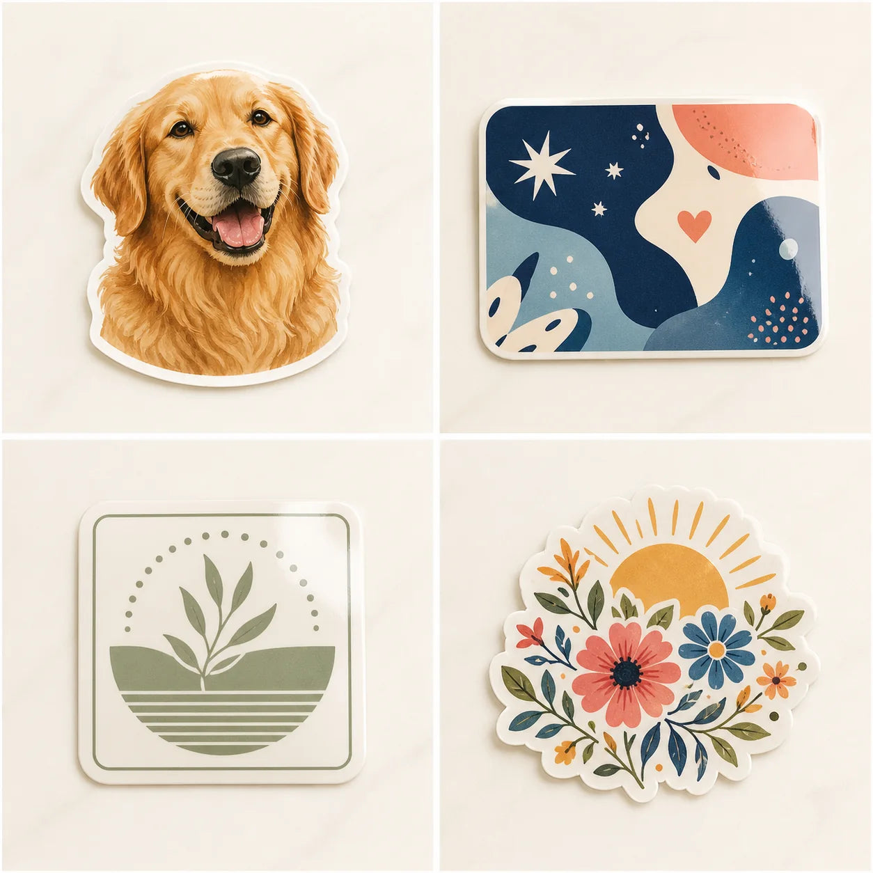 Four finished custom gloss vinyl examples featuring a pet portrait, personal card design, business logo, and floral illustration