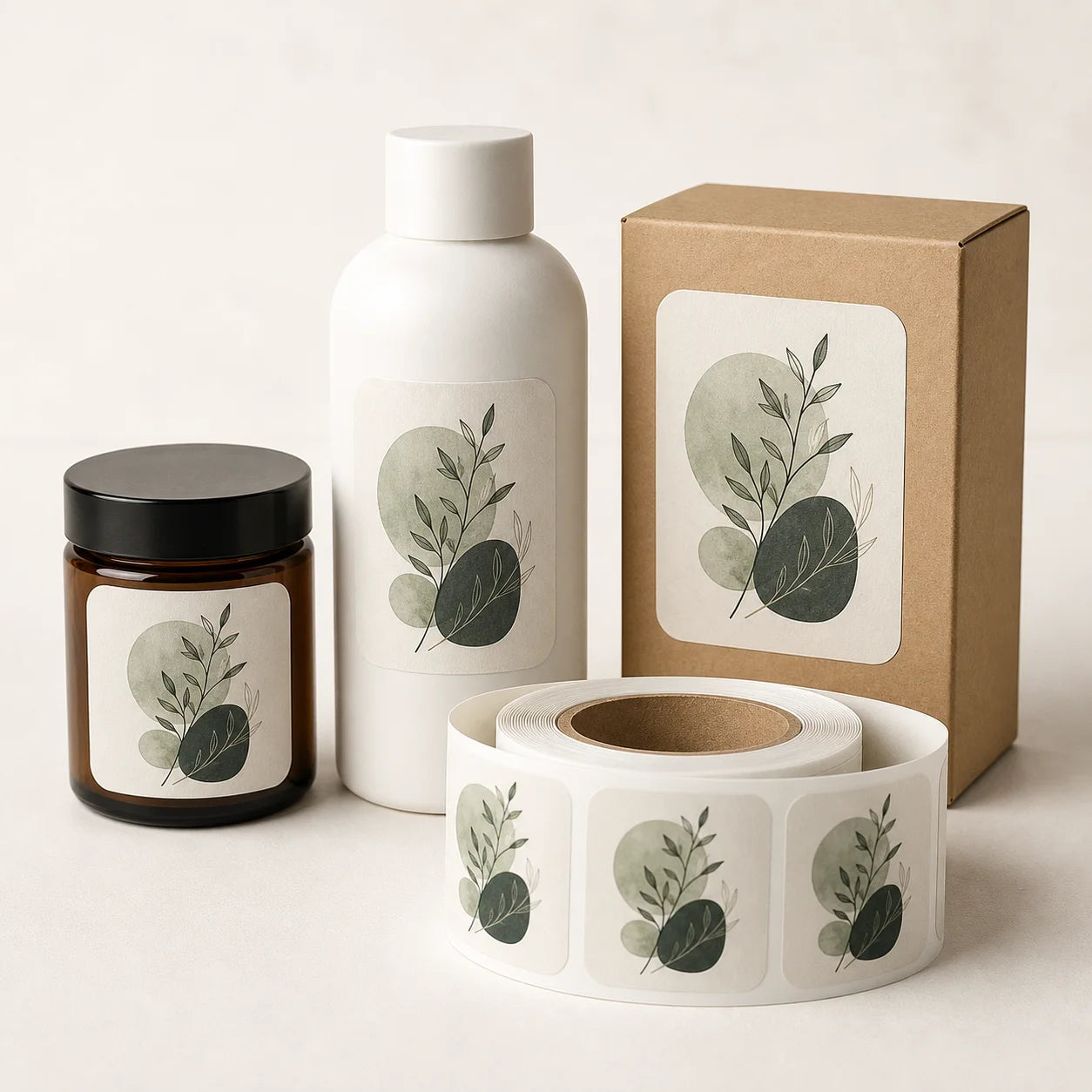 Matching botanical gloss labels applied consistently to a jar, bottle, kraft box, and label roll