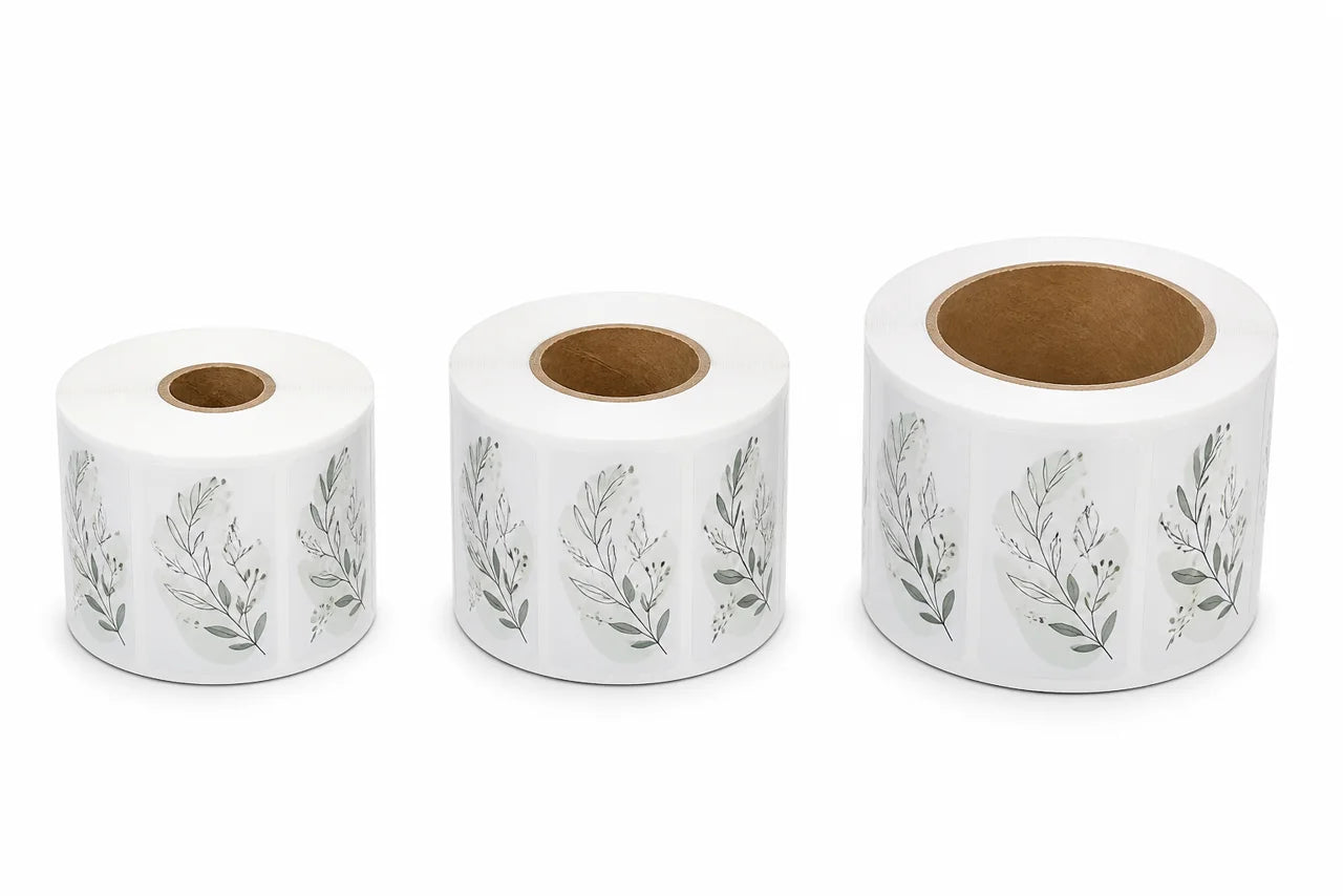 Three gloss vinyl label rolls showing small, medium, and large kraft paper core diameters