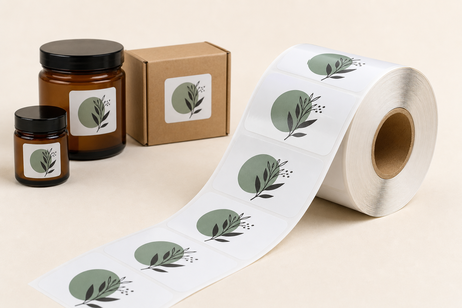 Gloss vinyl labels on a continuous roll beside matching labeled jars and a kraft box