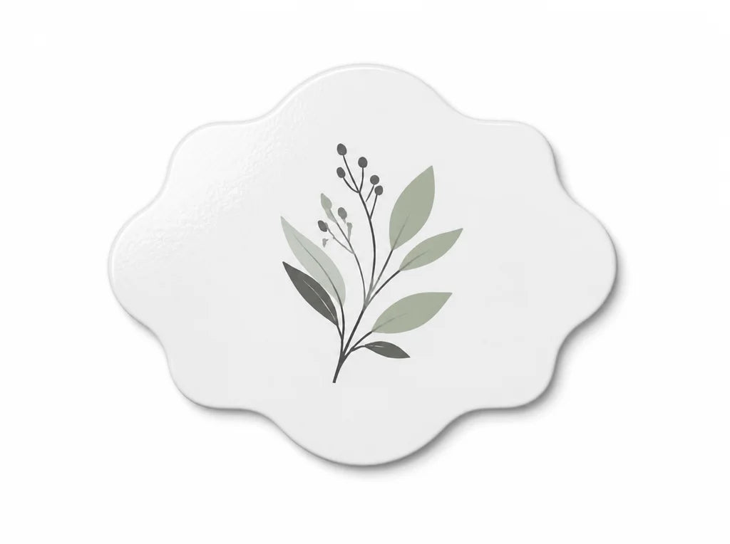 Custom contour gloss vinyl label with a minimal botanical design