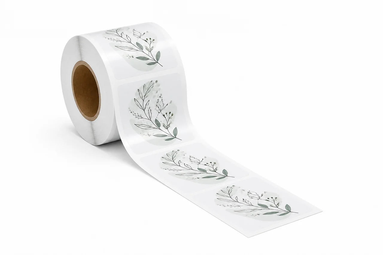 Gloss vinyl label roll feeding forward with the leading label edge clearly visible
