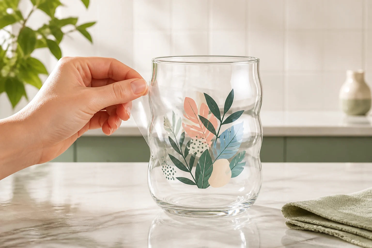 Transparent carrier film being peeled from full-color transfer artwork on a glass tumbler