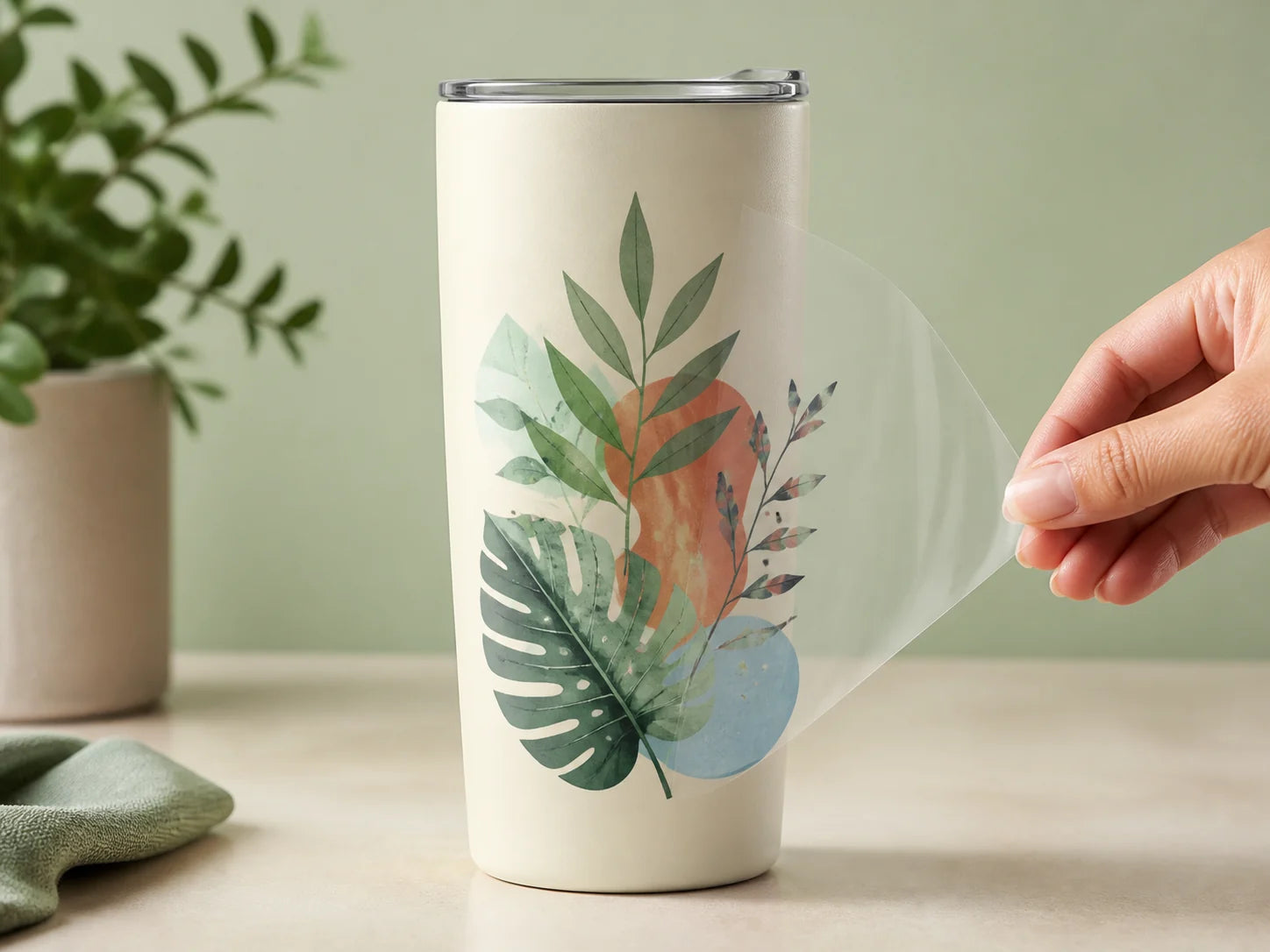 Carrier film peeling from full-color transfer artwork bonded to a smooth metal tumbler