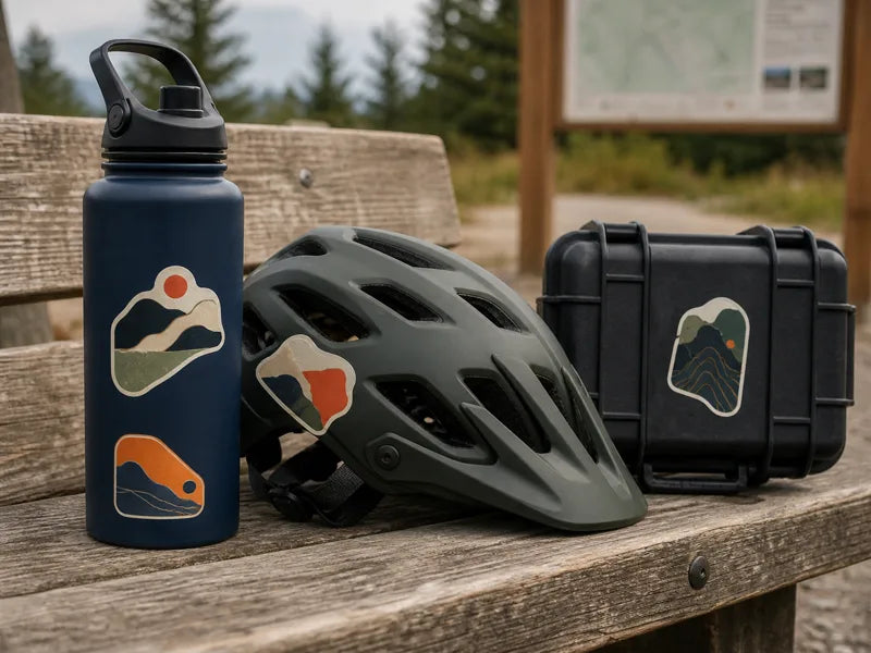 Outdoor stickers applied to a bottle, helmet and rugged equipment case