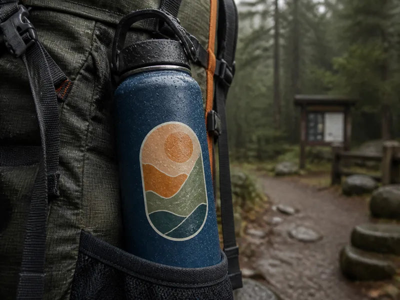 A stickered outdoor bottle exposed to light rain and regular backpack handling