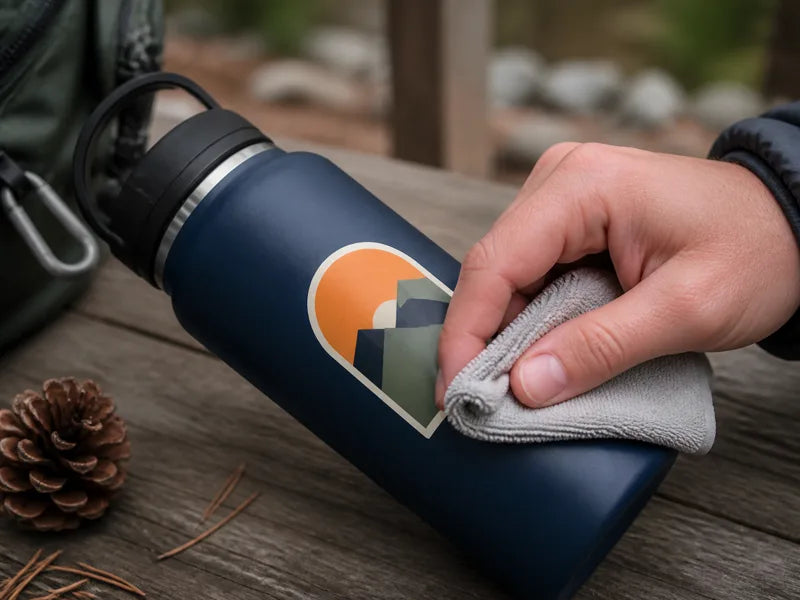 A smooth bottle surface being prepared and pressed for sticker application