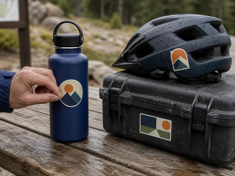 A hand checking sticker edge contact across several outdoor gear surfaces